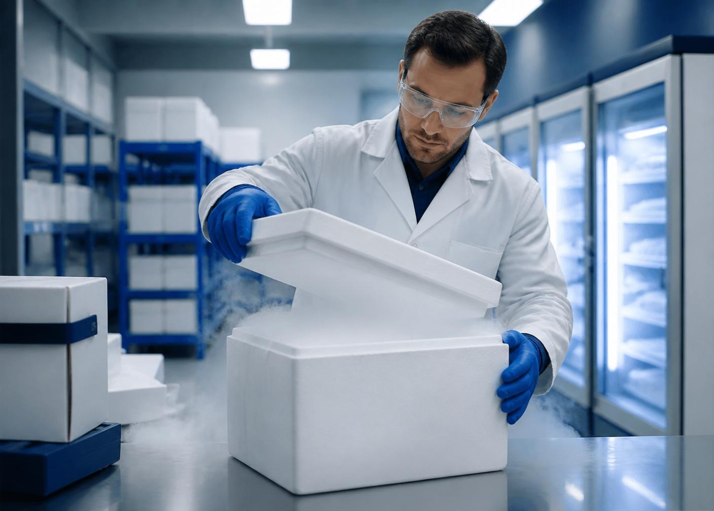 Técnico manuseando embalagem térmica com gelo seco em operação cold chain