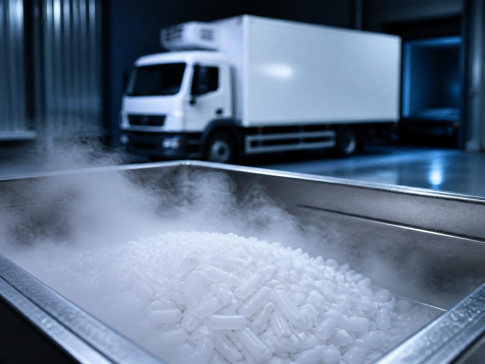 Gelo seco em pellets liberando vapor de CO₂ com caminhão refrigerado ao fundo